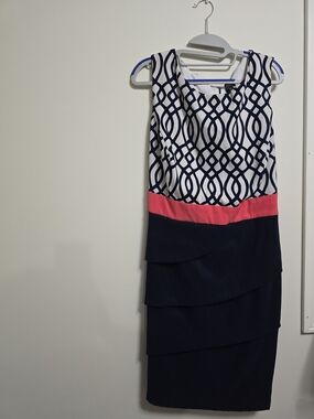 Sleeveless Navy & White Geometric Sheath Dress with Coral Waistband